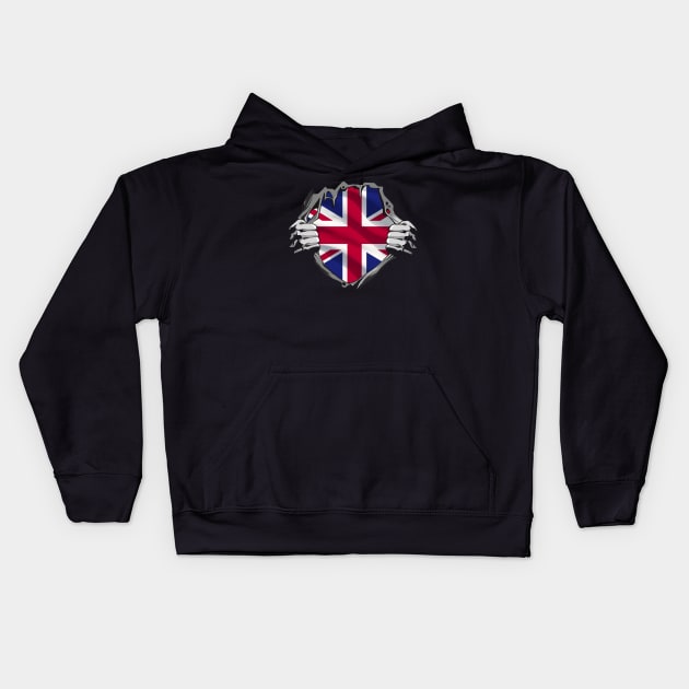 Two Hands Ripping Revealing Flag of United Kingdom Kids Hoodie by BramCrye